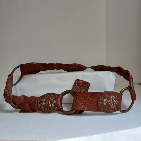 Vintage Brown  Studded Leather Embroidered Floral Beaded  Brass Ring Belt - Picture 1 of 12